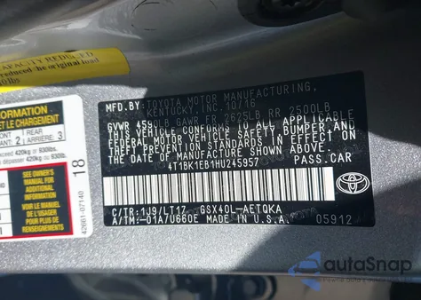 2017 Toyota Avalon Touring z USA, uszkodzony, nr VIN 4T1BK1EB1HU245957